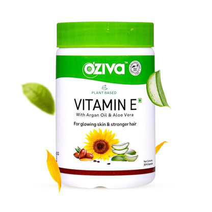 OZiva Plant Based Natural Vitamin E Capsules for Face & Hair with Sunflower oil, Aloe vera oil ,Argan oil, Vegan &Natural Vitamin E for Glowing Skin & Stronger Hair (Vitamin E, Pack of 1, 30 Capsules)