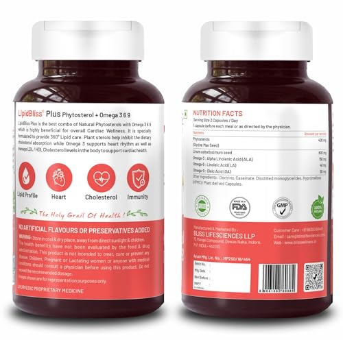 Bliss Welness Cholesterol Management Heart Health | Omega 3 6 9 + Phytosterol Plant Sterols | Lipid Profile Immunity Support Supplement - 60 Vegetarian Capsules
