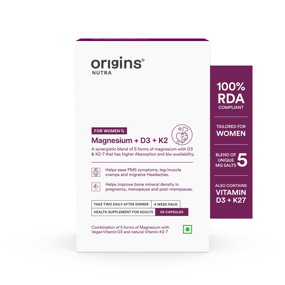 Origins Nutra Magnesium + D3 + K2-7 for Women | Supports Bone Health, Hormonal Balance, and Migraine Relief | Eases Leg Cramps | Five Magnesium Salts, Noval Vitamin K2-7, Vitashine D3 | GMP Certified | 56 Veg Capsules