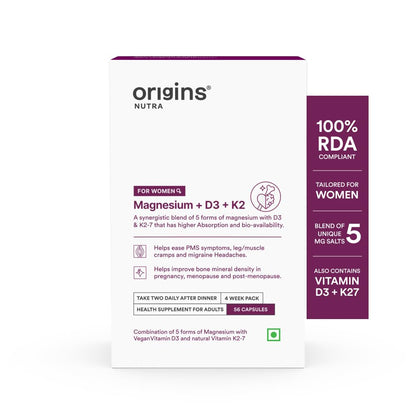 Origins Nutra Magnesium + D3 + K2-7 for Women | Supports Bone Health, Hormonal Balance, and Migraine Relief | Eases Leg Cramps | Five Magnesium Salts, Noval Vitamin K2-7, Vitashine D3 | GMP Certified | 56 Veg Capsules