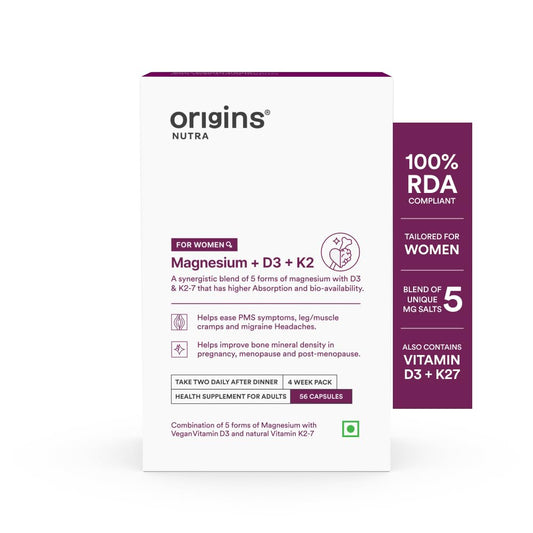 Origins Nutra Magnesium + D3 + K2-7 for Women | Supports Bone Health, Hormonal Balance, and Migraine Relief | Eases Leg Cramps | Five Magnesium Salts, Noval Vitamin K2-7, Vitashine D3 | GMP Certified | 56 Veg Capsules