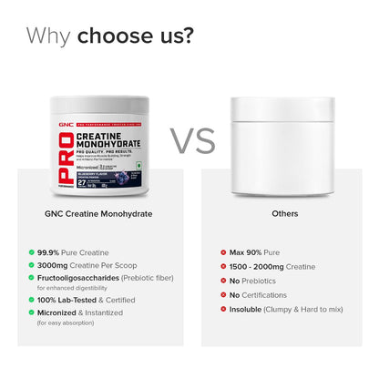 GNC Pro Performance Creatine Monohydrate with Black Shaker- 3000mg Creatine Per Scoop | Micronized for Faster Absorption | Boosts Energy, Muscle Volume & Performance | Gluten-Free | Blueberry | 100gm