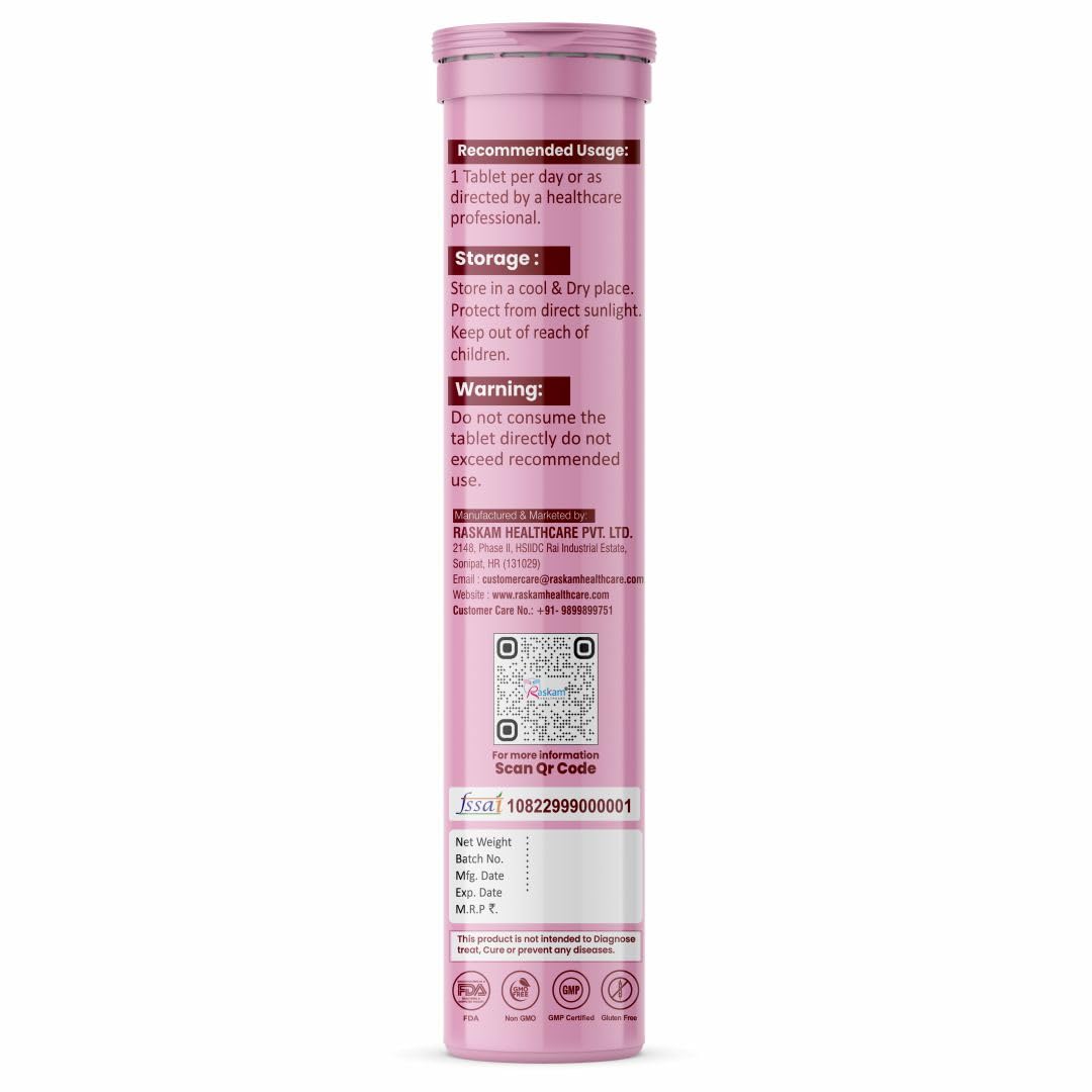 Raskam Glutathione Tablets Japanese L Glutathione 15 Effervescent Tablet In Mixberry Flavour With Collagen Aloevera Biotin Vitamin-c Hyaluronic Acid For Skin Glow & Hydration (Pack of 1)