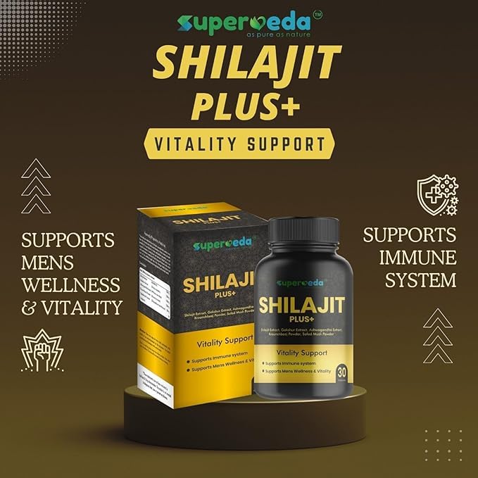 Superveda Shilajit Plus - 30 Capsules | 100% Ayurvedic Pure Original Shilajit Capsules for Strength, Stamina and Power | Vitality Support | Premium Ayurvedic Supplement For Men