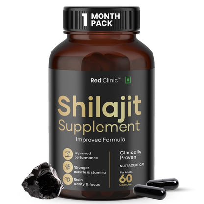 RediClinic Shilajit/Shilajeet Capsules for Stamina, Muscle Growth & Energy | Swarna Bhasma, Gokshura, Ashwagandha |Shilajit for Men | 100% Ayurvedic | Pack of 1-60 Capsules