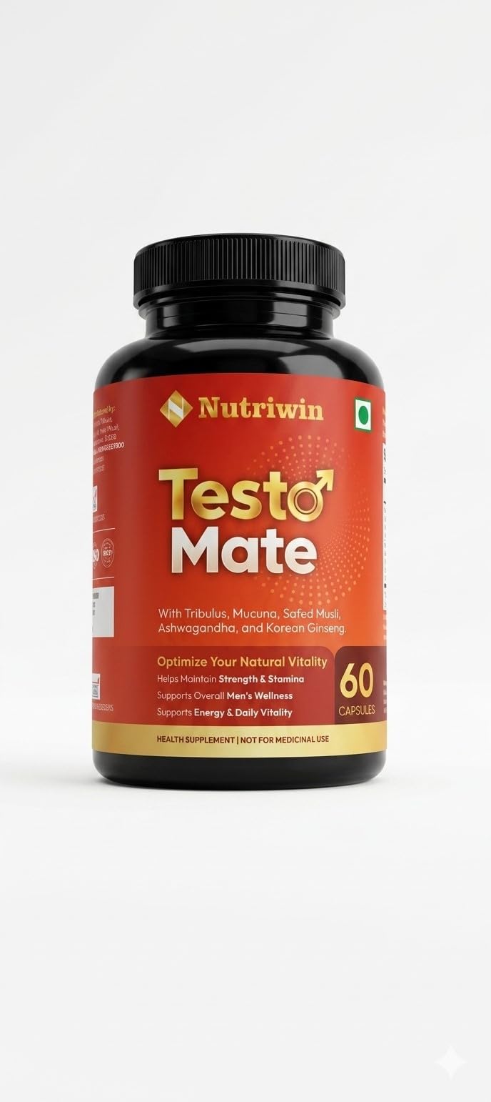 Nutriwin TestoMate Men’s Wellness Capsules with Tribulus, Mucuna, Safed Musli, Ashwagandha & Korean Ginseng | Herbal Daily Supplement for Active Lifestyle | 60 Capsules