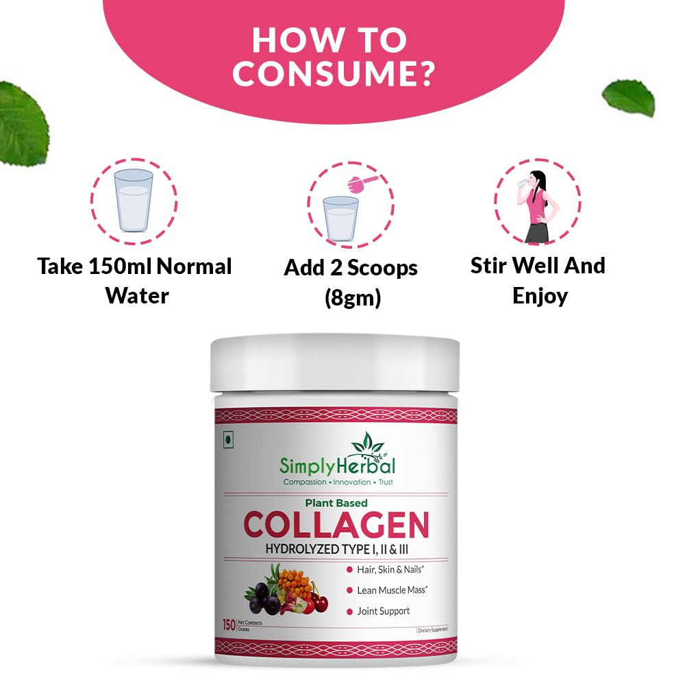 Simply Herbal Plant Based Collagen Powder Natural Peptide Builder Supplement Drink With Vitamin C, Silica, & Biotin For Skin Hair Nail Health Promote Bone Joint Function for Men & Women – 150 gm