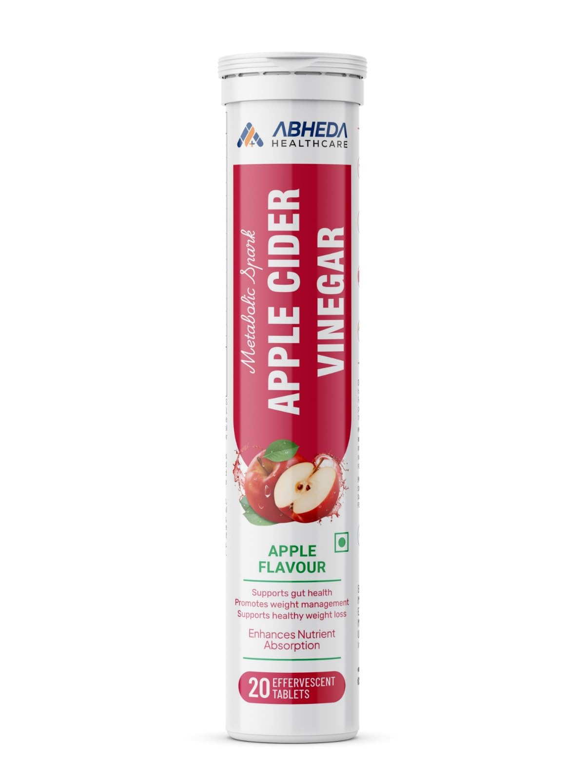 Abheda Healthcare Apple Cider Vinegar Effervescent Tablets - 500mg | ACV with Pomegranate, Beet Root & B-Vitamin | Supports Weight Management & Metabolism | 20 Tablet - Pack Of 1