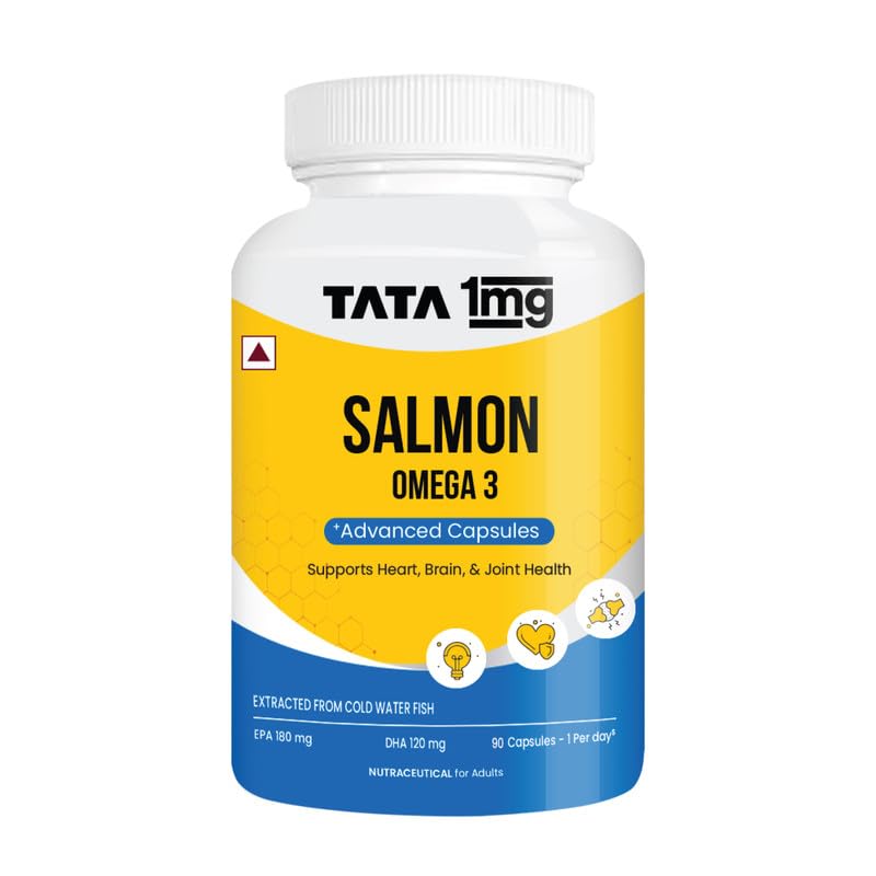 Tata 1mg Salmon Omega 3 Fish Oil Supplements 1000mg - 90 Capsules |Tryglycride form | 180mg EPA & 120mg DHA | High Absorption for Heart,Brain & Joints | Helps Manage Cholesterol