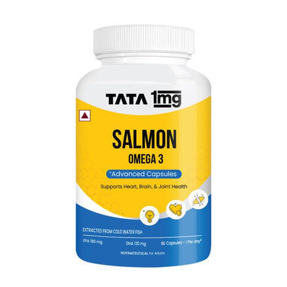 Tata 1mg Salmon Omega 3 Fish Oil Supplements 1000mg - 90 Capsules |Tryglycride form | 180mg EPA & 120mg DHA | High Absorption for Heart,Brain & Joints | Helps Manage Cholesterol
