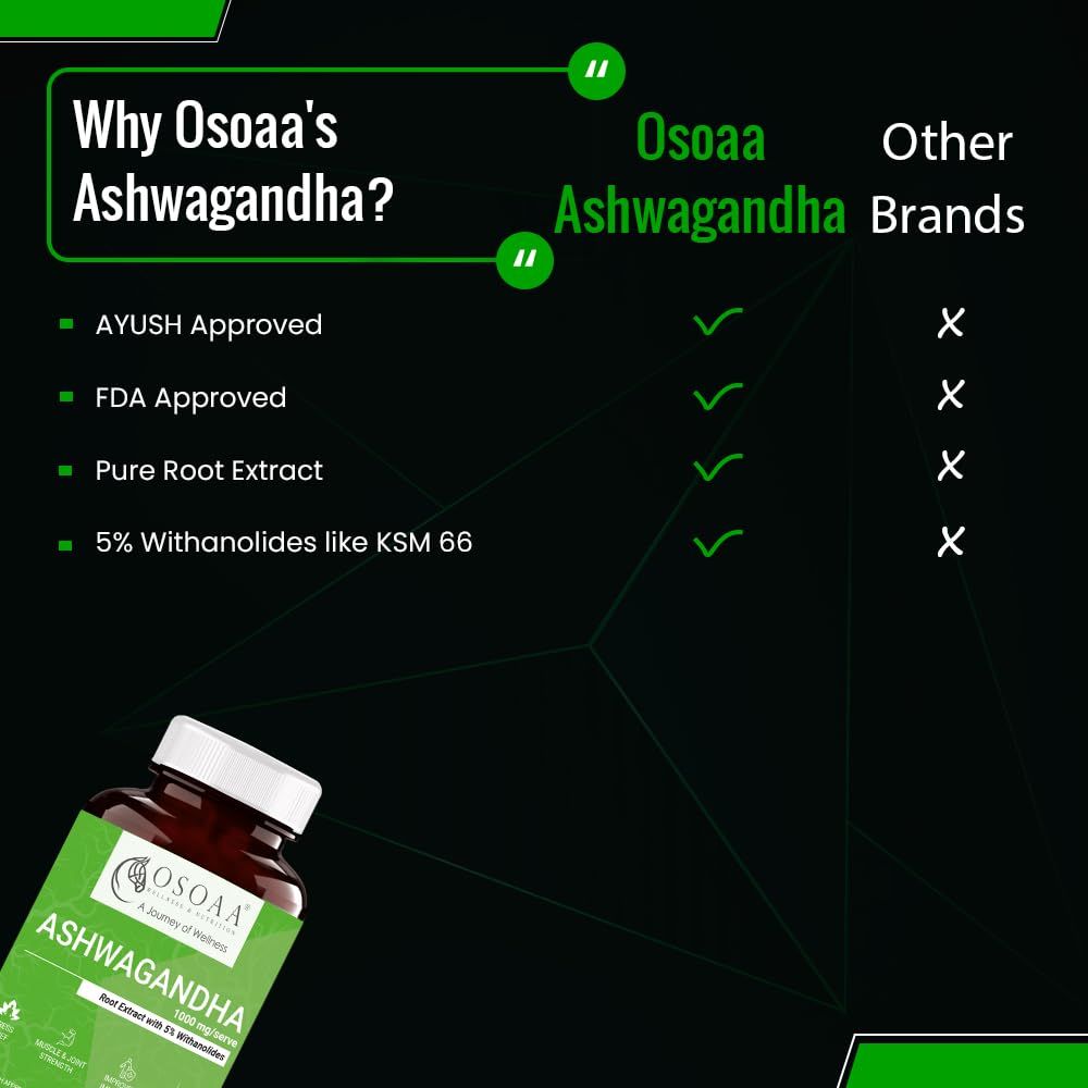 OSOAA Ashwagandha 60 Ayurvedic Tablets (5% Withania Somnifera - 1000mg) AYUSH APPROVED | Root Extract | Enhances Energy, Stamina, Immunity Booster | Anxiety & Stress Relief