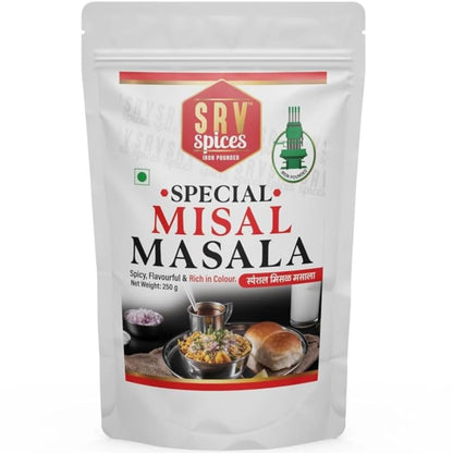 SRV Spices Special Misal Masala | Strong & Aromatic Blend | Rich Color & Spicy Flavor | Iron Pounded with LTG (Low Temperature Grinding) | Authentic Mix Masala for Misal | 250g Pack