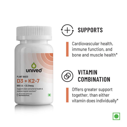 Unived D3+K2 (MK-7) | Vegan Vitamin D3 & Vitamin K2-7 (MenaquinGold) | Immunity, Heart, Muscle, & Bone Health | Plant-Based & Natural | 90 Vegan Capsules