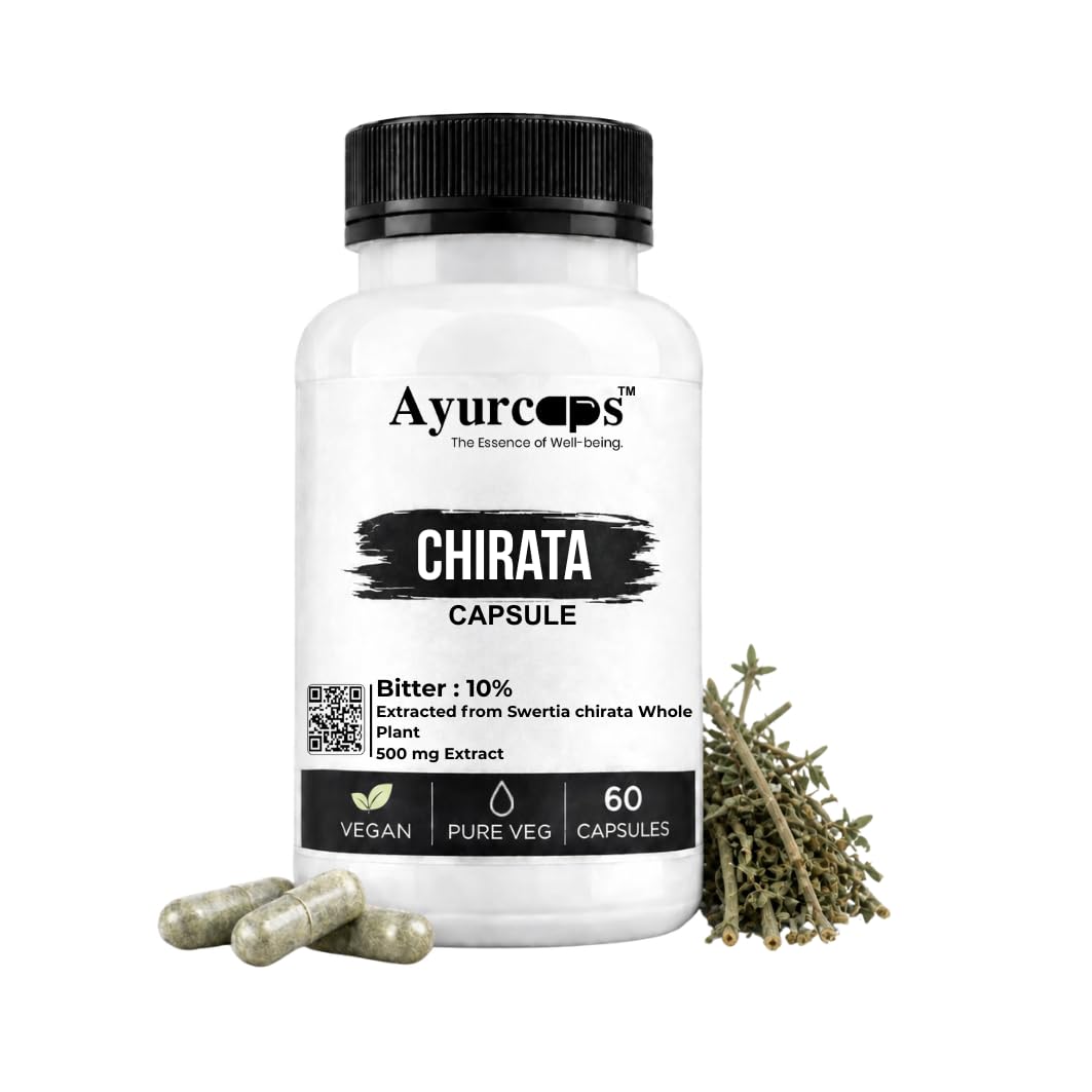 Ayurcaps Chirata Capsules 500mg, Chirayata Whole Plant Extract With 10% Bitter, Supports Liver Health, Digestion And Natural Detox, Supports Blood Purification And Immune Wellness, 60 Veg Capsules