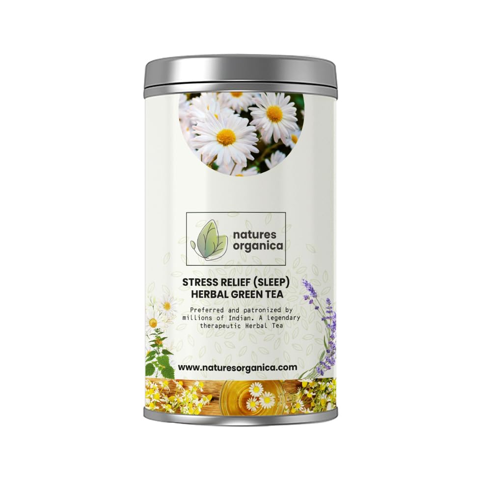 Natures Organica Green Tea Stress relief & Good Sleep with 100% Whole Leaf Green tea | Stress Relief Green tea, Detoxifying Tea with Ashwagandha, Brahmi, Peppermint Leaves, Chamomile .(100 gm).