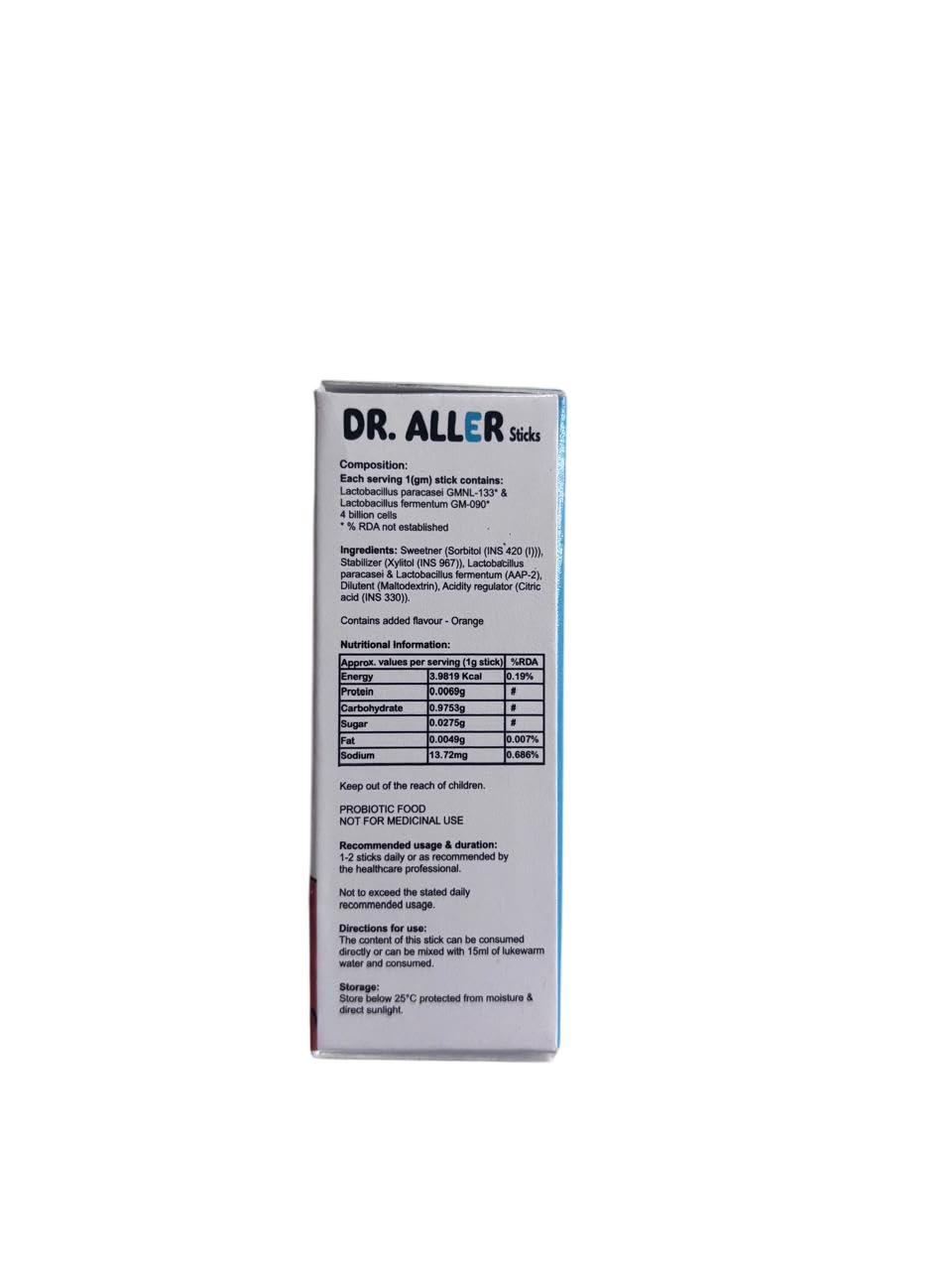 DR ALLER Anti Allergic Probiotic Stick, Pack of 10 sticks of 1g each. Lacobacillus Fermentum and Lactobacillus Paracasei. Ice Orange flavor. Gluten & Sugar free.