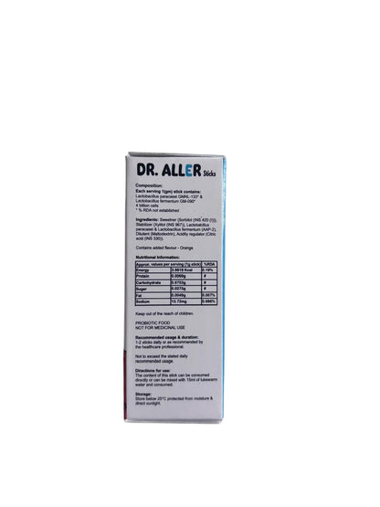 DR ALLER Anti Allergic Probiotic Stick, Pack of 10 sticks of 1g each. Lacobacillus Fermentum and Lactobacillus Paracasei. Ice Orange flavor. Gluten & Sugar free.