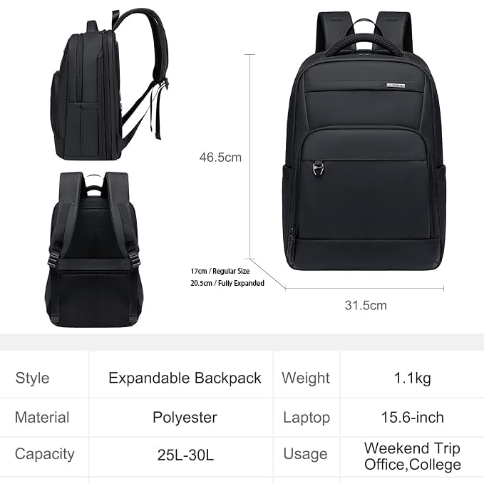 GOLDEN WOLF 25L-30L Expandable Backpack for Men for Office Travel, Black