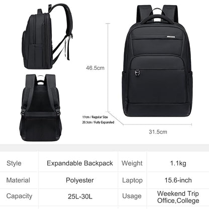 GOLDEN WOLF 25L-30L Expandable Backpack for Men for Office Travel, Black