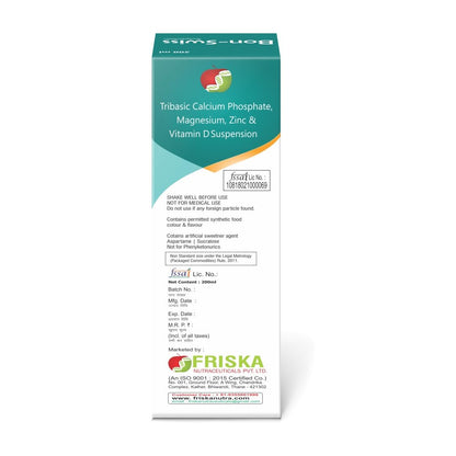 Friska Nutraceuticals BonSwiss Tribasic Calcium Phosphate, Magnesium, Zinc & Vitamin D Suspension, 3 Pack, 200ml Each, Unflavoured, Vegan, Bone & Joint Health