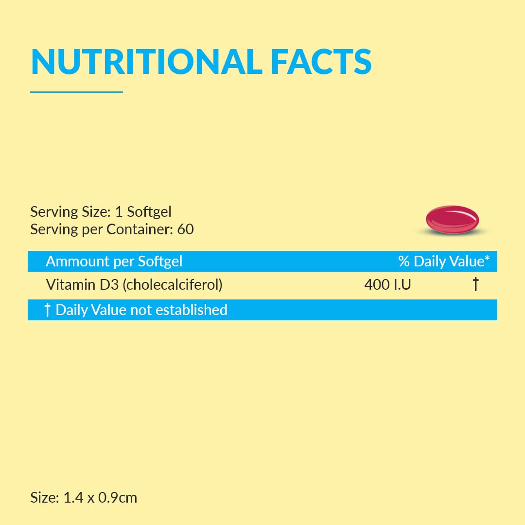 BBETTER Vitamin D3 Supplement for Immunity, Healthy Bones & Strong Muscles - 60 softgels of Vitamin D (Cholecalciferol) with the recommended daily dosage of 400IU