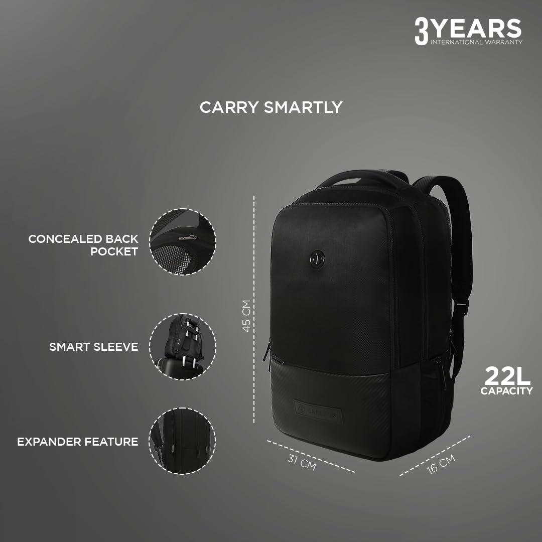 CARLTON Laptop Backpack 22L With Ergonomic Back Panel and Grab Handle, Concealed Back Pocket, Gadget Compartment & Expander | Black | Berkeley