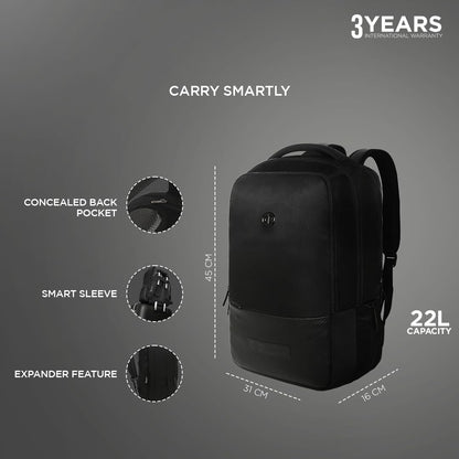 CARLTON Laptop Backpack 22L With Ergonomic Back Panel and Grab Handle, Concealed Back Pocket, Gadget Compartment & Expander | Black | Berkeley