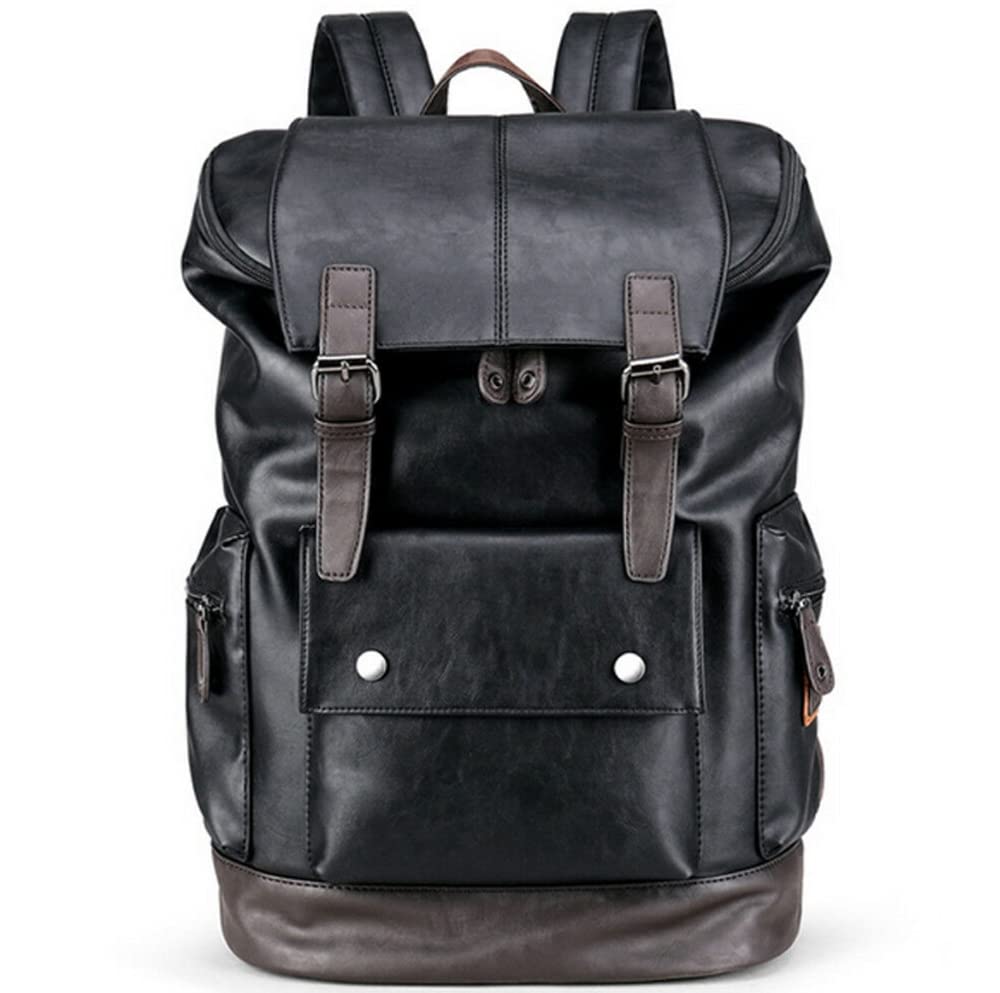 CHAO RAN Vintage Leather Laptop Backpack For Men, Men Black Leather Backpack…, Black, Large, College Travel Backapck