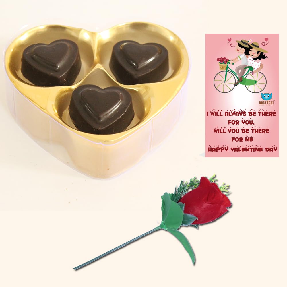 BOGATCHI Valentine’s Day Chocolate Gift | 3 Choco Hearts Box with Free Valentine Card & Rose | Gift for Girlfriend, Boyfriend, Wife, Husband