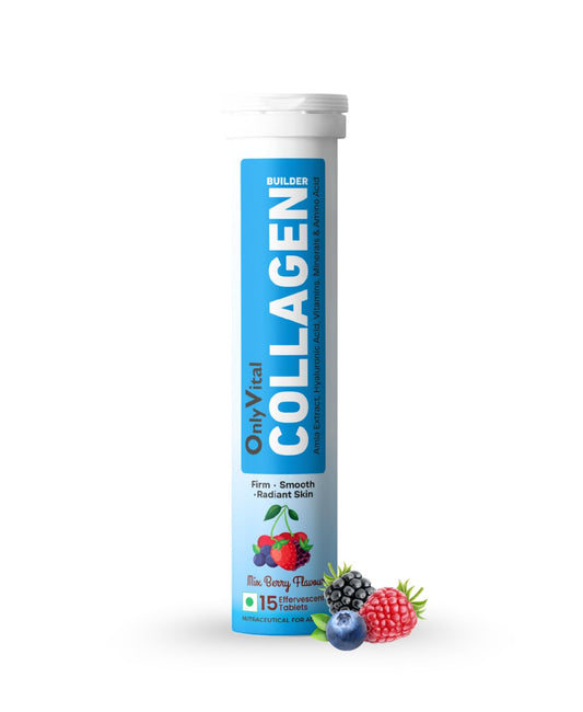 OnlyVital Collagen Builder Effervescent Tablets with Amla Extract, Hyaluronic Acid, Vitamins, Minerals & Amino Acids | Firm, Smooth & Radiant Skin Support | Mixed Berry Flavour | 3o Tablets