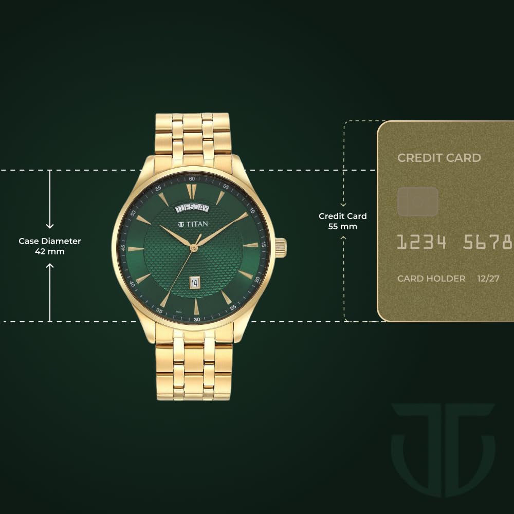 Titan Opulent LII Quartz Analog with Day & Date Green Dial Gold Stainless Steel Strap Watch for Men - NT90127YM03