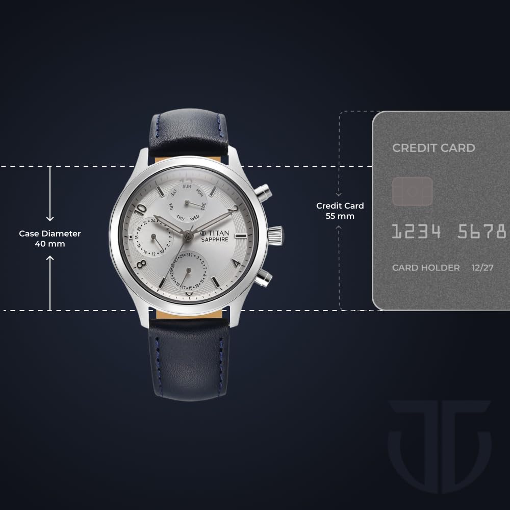 Titan Sapphire Quartz Multifunction Silver Dial Leather Strap Watch for- image 2