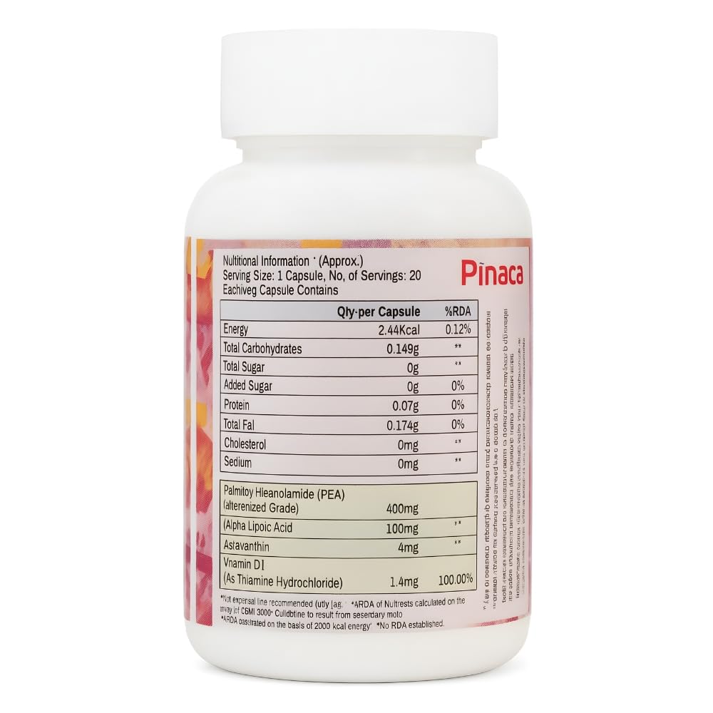 RITE AID HEALTH CARES Pinaca Nutraceutical Capsules for Nerve Health, Immunity & Joint Comfort | PEA, Alpha Lipoic Acid, Astaxanthin & Vitamin B1 | 20 Veg Capsules