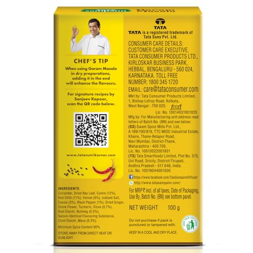 Tata Sampann Garam Masala Powder with Natural Oils, 100g, Crafted by Chef Sanjeev Kapoor, With Chef’s Exclusive Tip, Rich Aroma & Flavour
