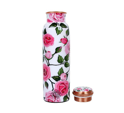 DSH Copper Bottles for 1 Litre Printed with Pink Roses Art, Travelling Purpose Bottles, Yoga Ayurveda Healing, 1000 ML (Design SM02)