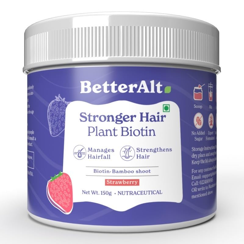 BetterAlt 10000 mcg Plant Biotin Powder for Stronger & Shinier Hair & Healthy Skin| High Potency Biotin &Vitamins| With Carrot, Bamboo, Sesbania| Vegan| Strawberry 150 g