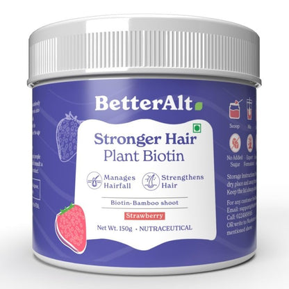 BetterAlt 10000 mcg Plant Biotin Powder for Stronger & Shinier Hair & Healthy Skin| High Potency Biotin &Vitamins| With Carrot, Bamboo, Sesbania| Vegan| Strawberry 150 g