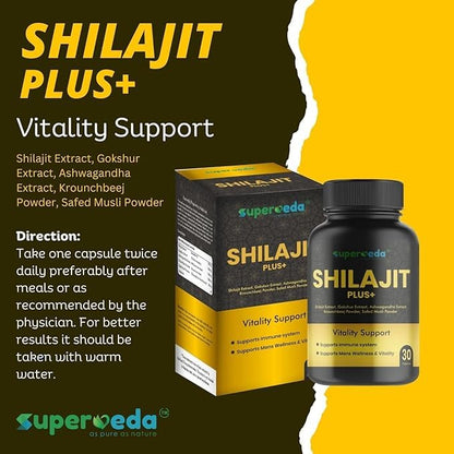 Superveda Shilajit Plus - 30 Capsules | 100% Ayurvedic Pure Original Shilajit Capsules for Strength, Stamina and Power | Vitality Support | Premium Ayurvedic Supplement For Men