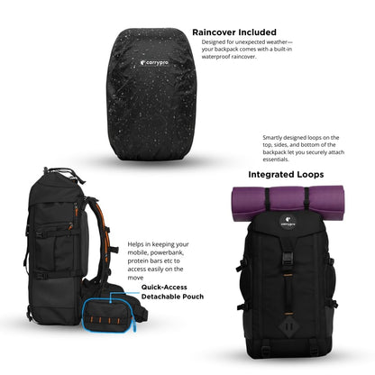 CarryPro HOBO40 v2.0– 40L Functional Travel Backpack for Men & Women, Camping, Biking, Trip, Trekking Bag, Fits 15.6” Laptop, Water-Resistant with Rain Cover, Travel Pouch, 2-Year Warranty(GoldenGlow)
