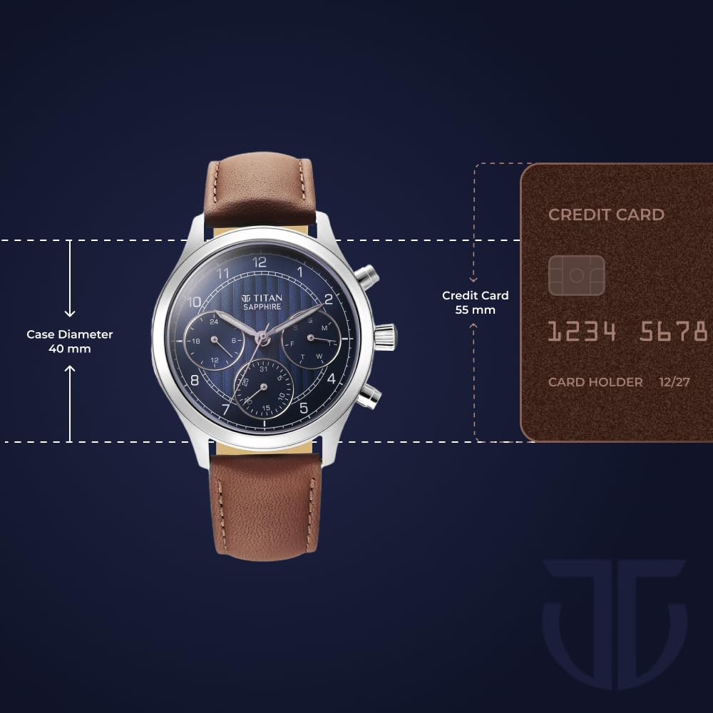 Titan Sapphire Quartz Multifunction Blue Dial Leather Strap Watch for M- image 2