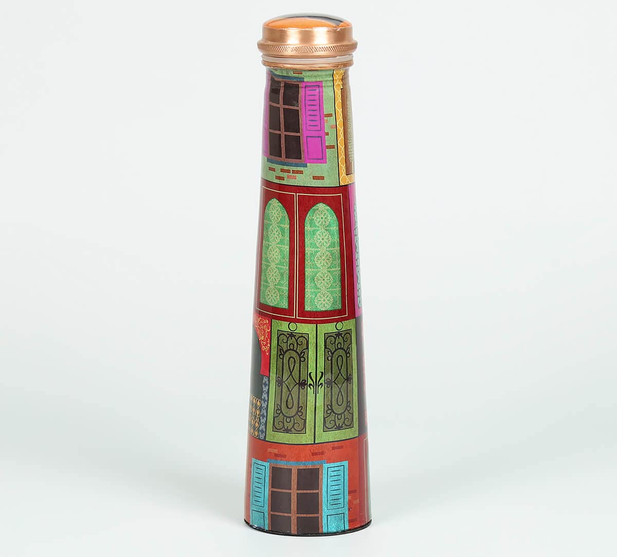 India Circus by Krsnaa Mehta Mughal Doors Reiteration Tapered Copper Bottle | Designer Digital Printed Enameled finish Tamba Bottle | Gift for Men & Women (800 mL, 1Unit, Multicolour, Pack of 1)