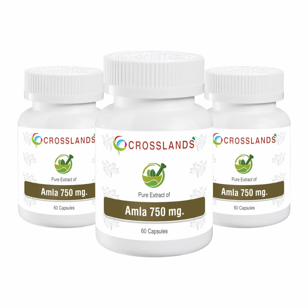 CROSSLANDS Pure Extract of Amla Capsules | 750mg | Natural Antioxidant | Immunity Enhancer | Natural Source of Vitamin C | Hair Growth Herbal Supplement | Improve Heart Health & Lower Cardiac Risk | Maintain Tryglycerides levels | Reduce Visceral Fat | 60