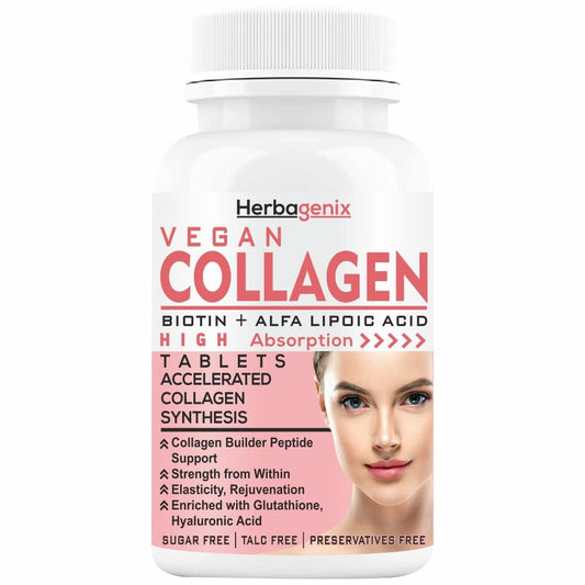 HERBAGENIX Collagen Supplements For Women With Glutathione Powder, Biotin, Vitamin C, E Collagen Peptides Plus Hyaluronic Acid Supplement For Skin Whitening Nails&Hair Growth-60 Veg Tablets(Pack 1)