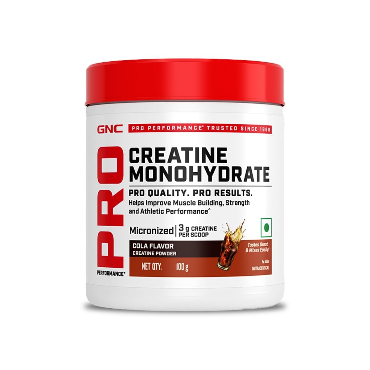 GNC Pro Performance Creatine Monohydrate - 3000mg Creatine Per Scoop | Micronized for Faster Absorption | Boosts Energy, Muscle Volume & Performance | Gluten-Free | Cola | 100gm