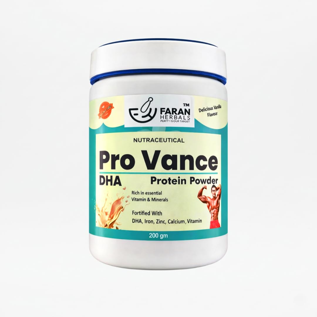 Faran Herbals Pro Vance DHA Protein Powder | Vanilla Flavour Nutritional Health Supplement | With Vitamins, Minerals & Krill Oil | Daily Nutrition Drink Mix | 200g