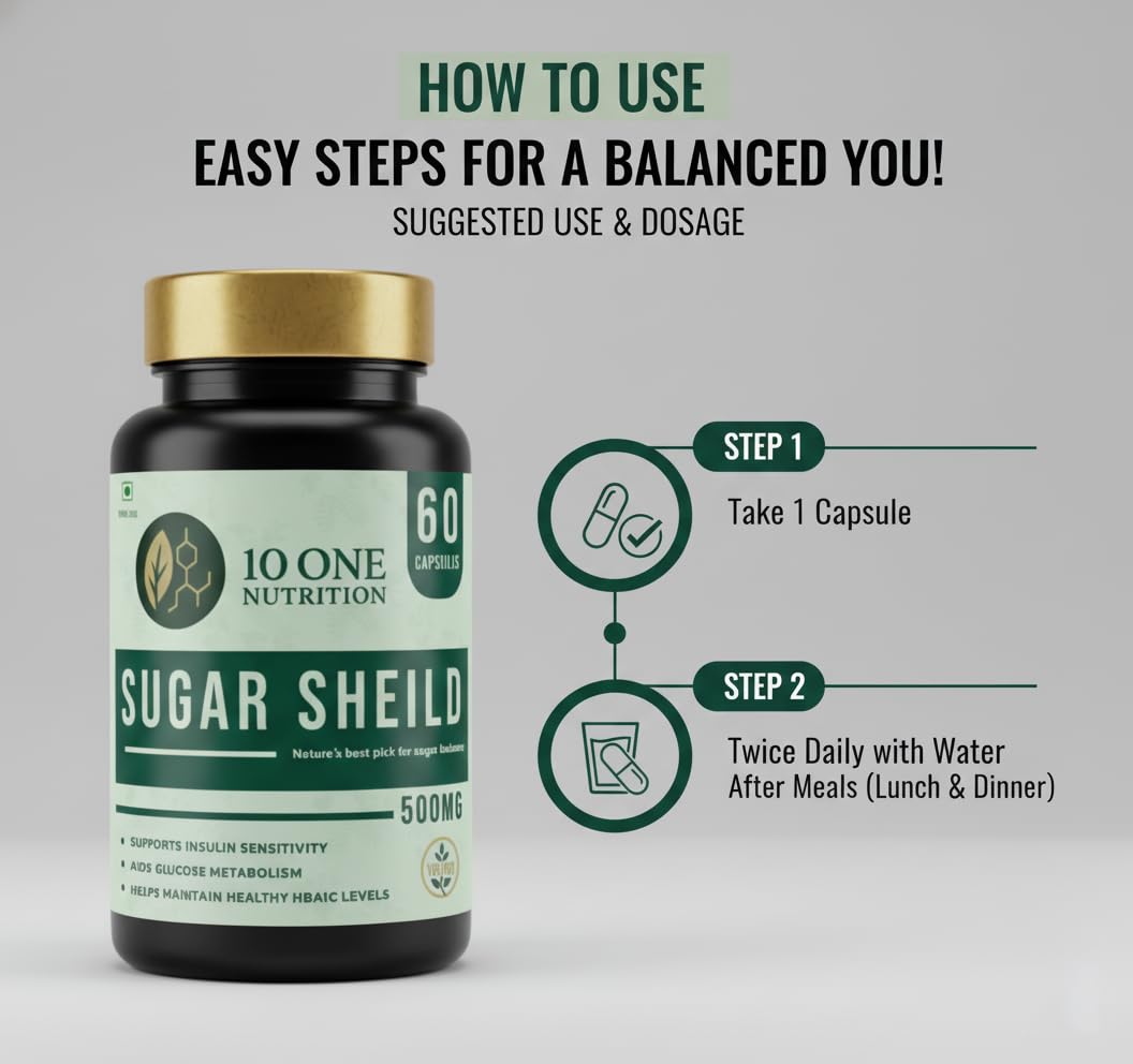 10 One Nutrition Sugar Shield 500mg | Helps Manage Blood Sugar Levels With Karela, Jamun & Gudmar & 8 more herbs | 100% Ayurvedic Capsule with Powerful Herbs | 60 Veg Capsules