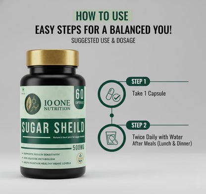 10 One Nutrition Sugar Shield 500mg | Helps Manage Blood Sugar Levels With Karela, Jamun & Gudmar & 8 more herbs | 100% Ayurvedic Capsule with Powerful Herbs | 60 Veg Capsules