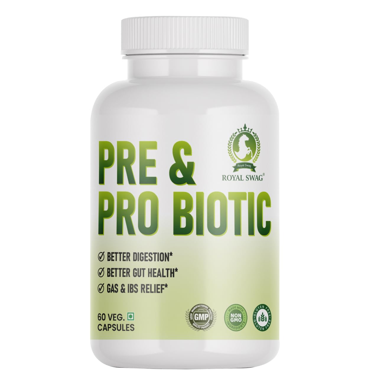ROYAL SWAG Probiotic and Prebiotic Tablets- Pre + Probiotic for Women and Men Gut Health Support for Digestive Wellness- Vegan, Non-GMO, Gluten Free - 60 Caps (60 Day Servings)