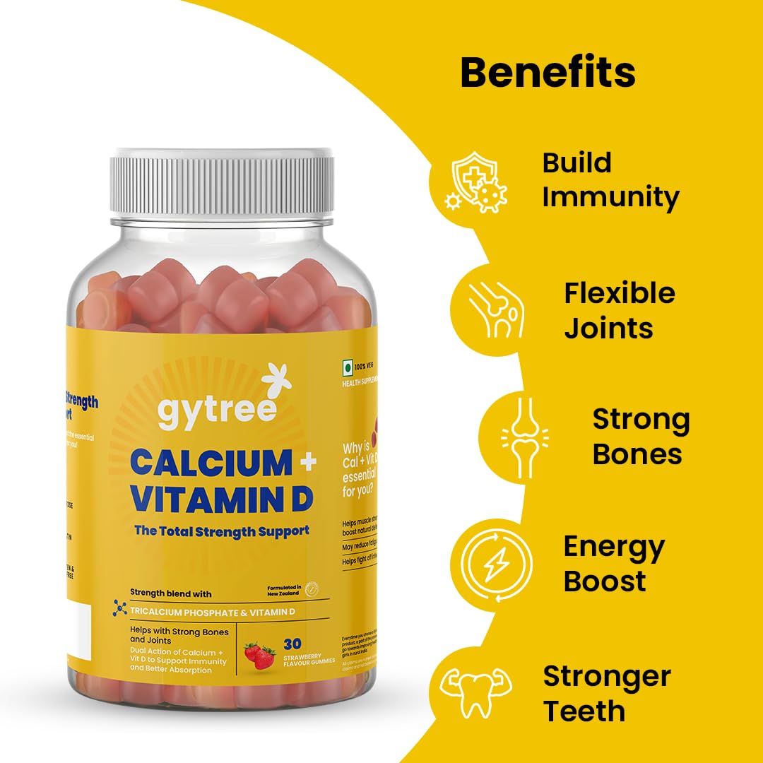 Gytree Calcium + Vitamin D Gummies for Women | Stronger Bones, Joints & Immunity | Formulated in New Zealand | 100% Vegan | Strawberry Flavour (30 Count)