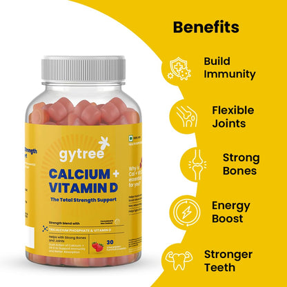 Gytree Calcium + Vitamin D Gummies for Women | Stronger Bones, Joints & Immunity | Formulated in New Zealand | 100% Vegan | Strawberry Flavour (30 Count)